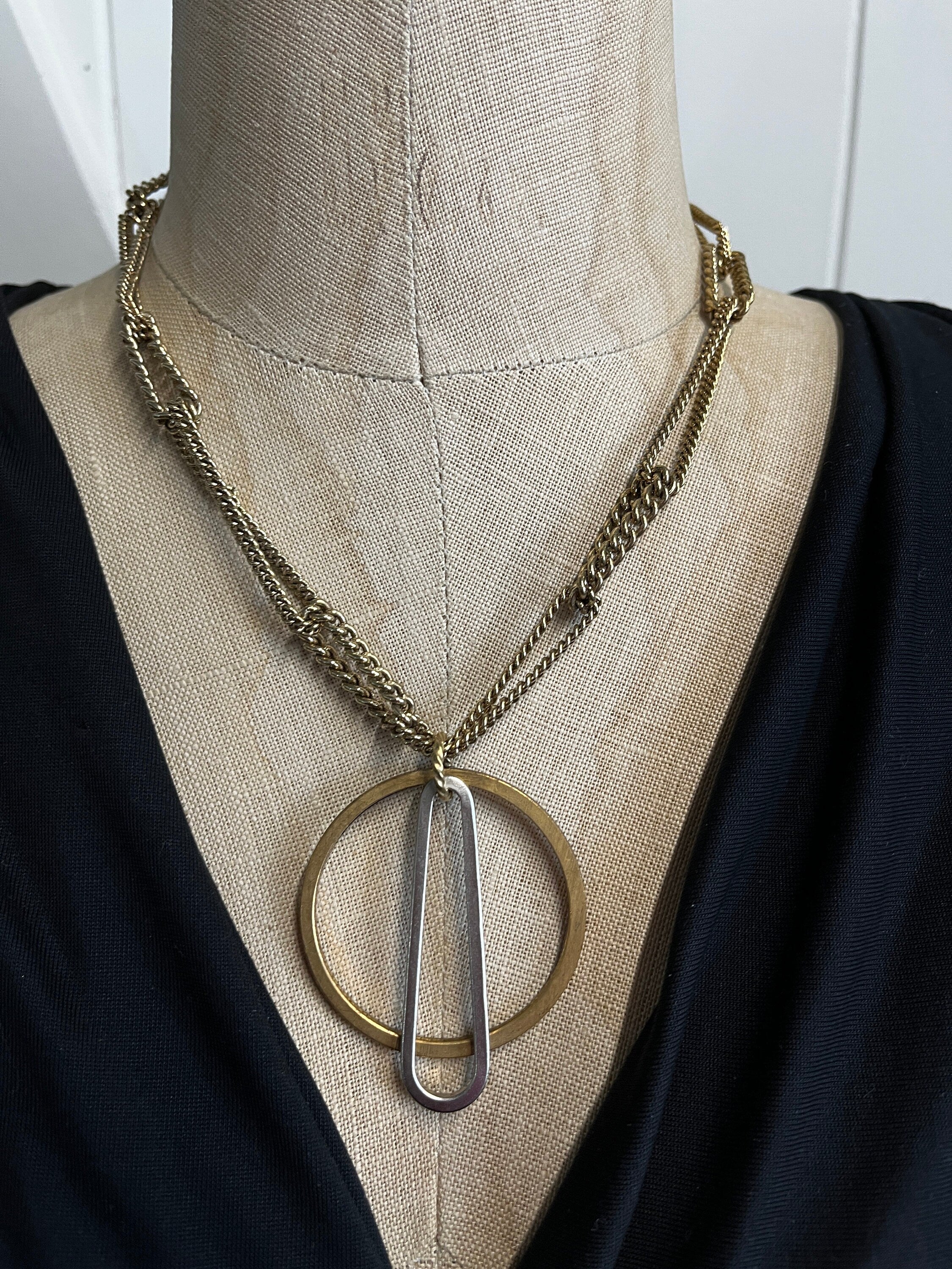 Circle and Teardrop Necklace, Chunky Brass Circle with a Unique twisted chain