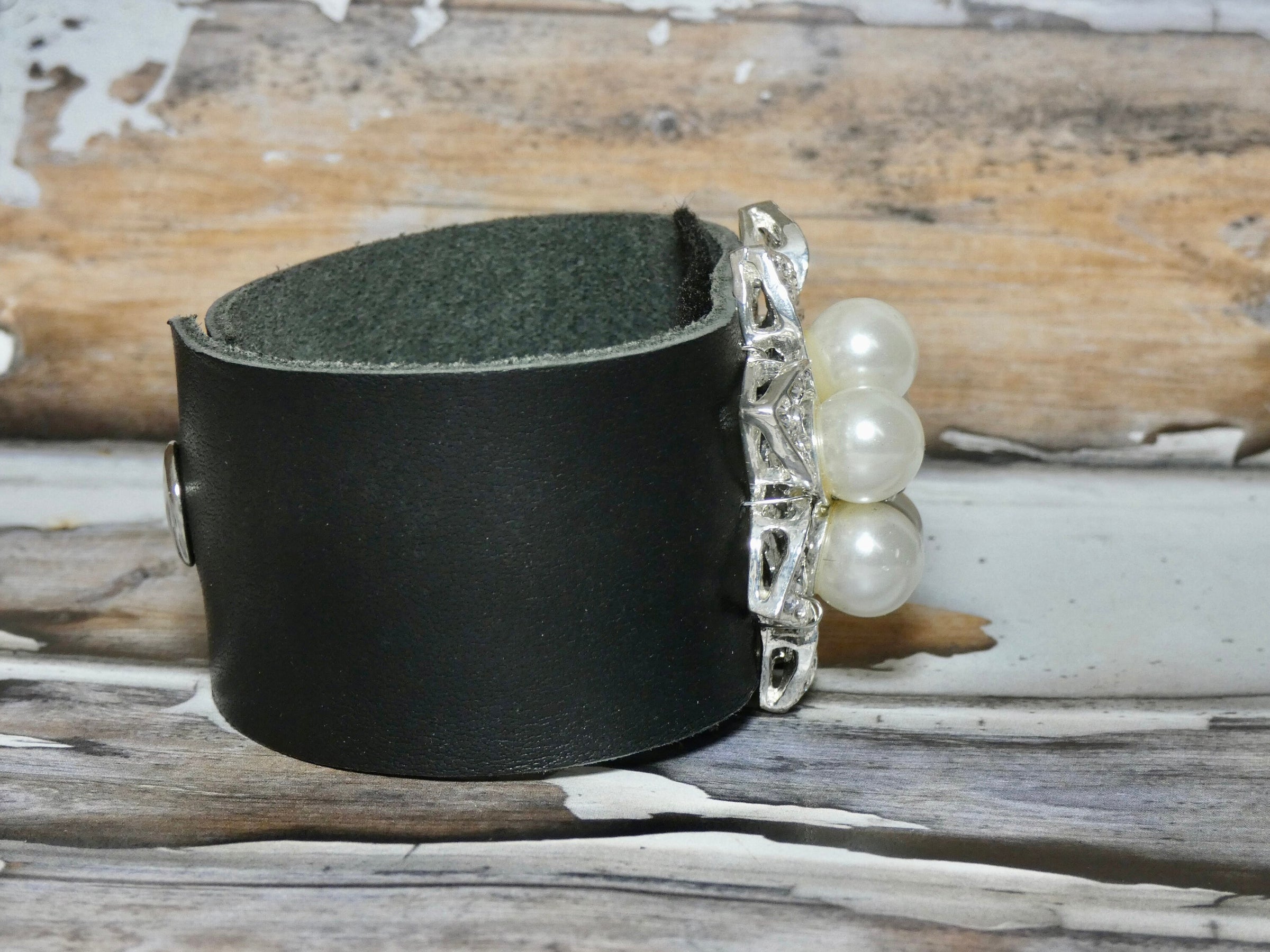 Leather Cuff Bracelet with a Repurposed Vintage Brooch, Silver and Pearl Flower Brooch