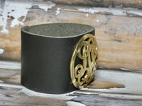 Leather Cuff Bracelet with a repurposed vintage Monogram Buckle, Smooth Black Leather Cuff