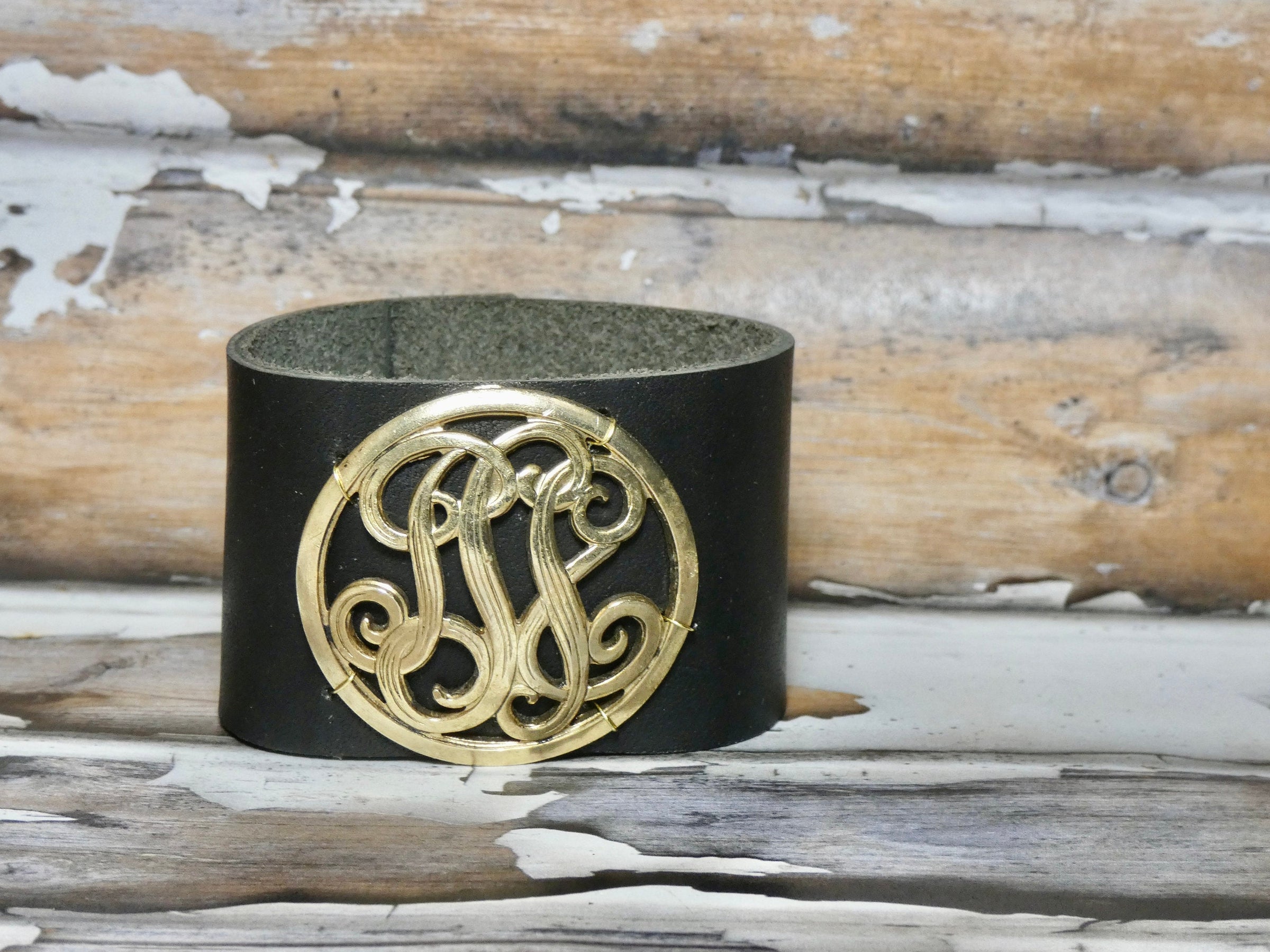 Leather Cuff Bracelet with a repurposed vintage Monogram Buckle, Smooth Black Leather Cuff