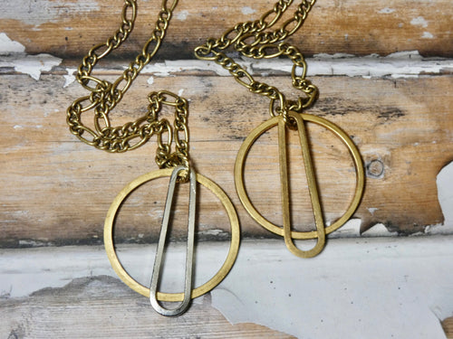 Circle and Teardrop Necklace, Chunky Brass Circle, Figaro Chain