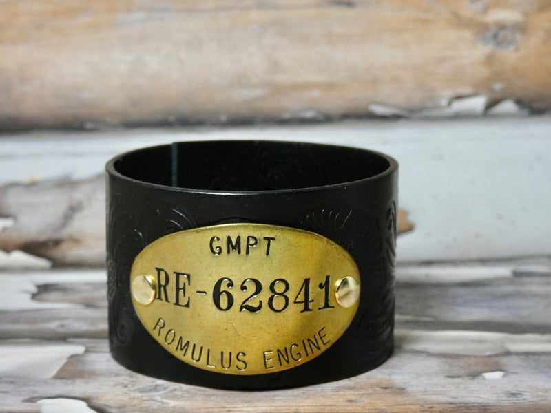 Leather Cuff Bracelet Vintage GM Brass Tag #62841, General Motors Tooled Leather Bracelet
