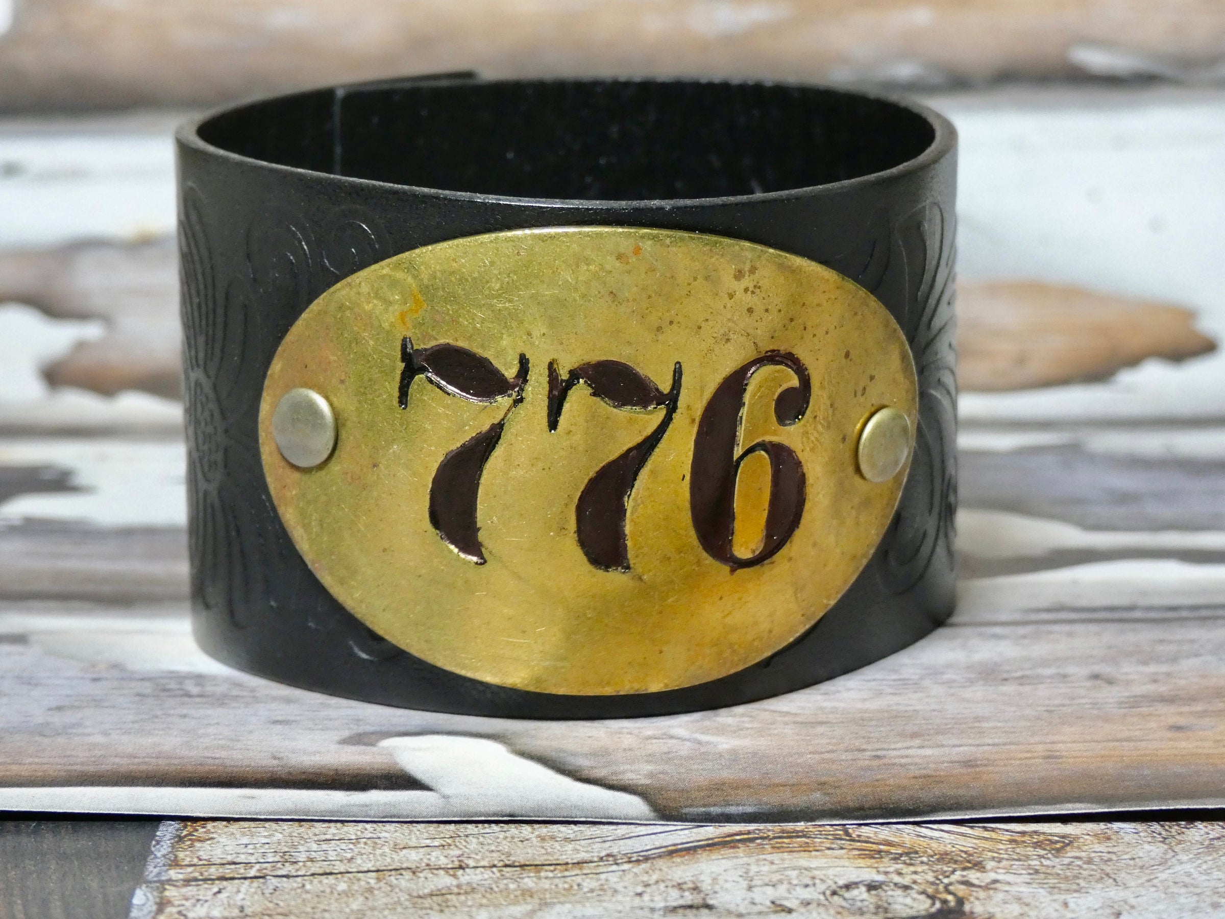 Leather Cuff Bracelet with Vintage Brass Locker Tag #776, Tooled Black Leather Cuff
