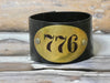 Leather Cuff Bracelet with Vintage Brass Locker Tag #776, Tooled Black Leather Cuff
