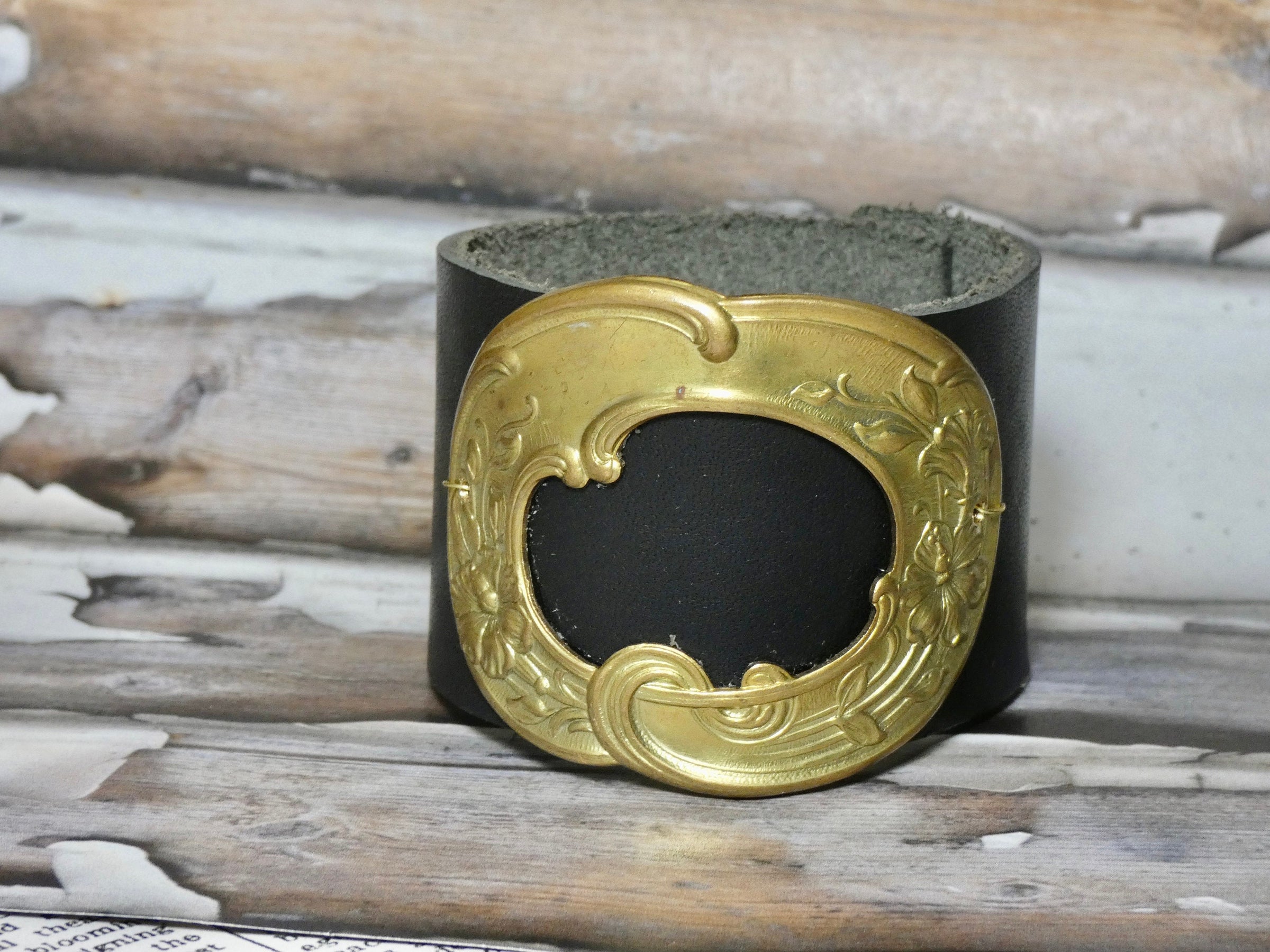 Leather Cuff Bracelet with a repurposed vintage brass belt buckle