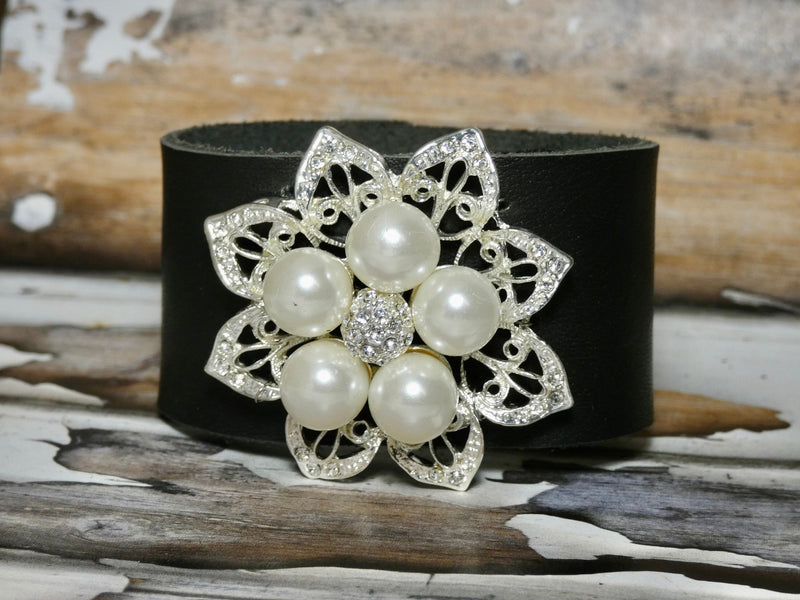 Leather Cuff Bracelet with a Repurposed Vintage Brooch, Silver and Pearl Flower Brooch