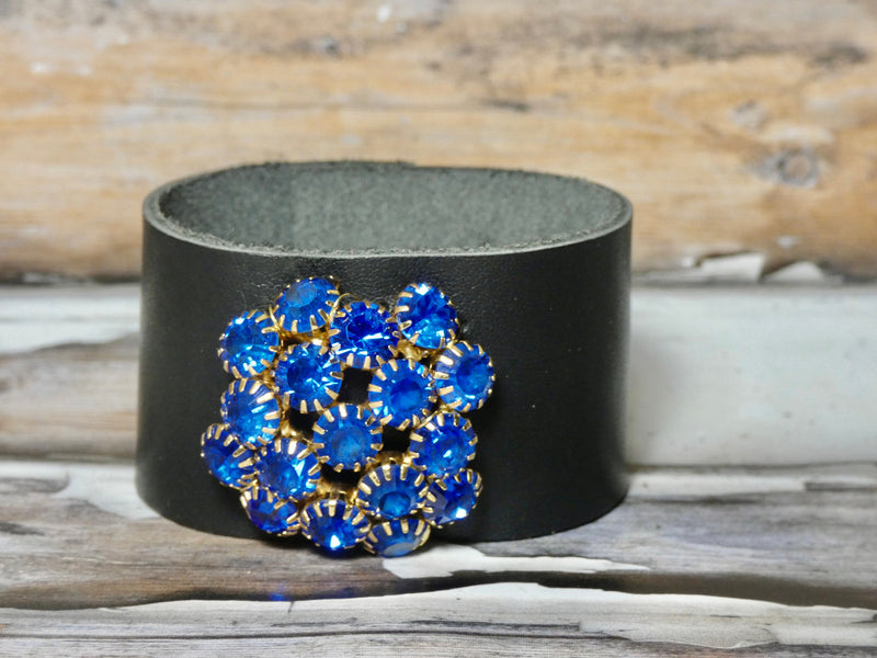 Leather Cuff Bracelet with a repurposed vintage blue brooch #2