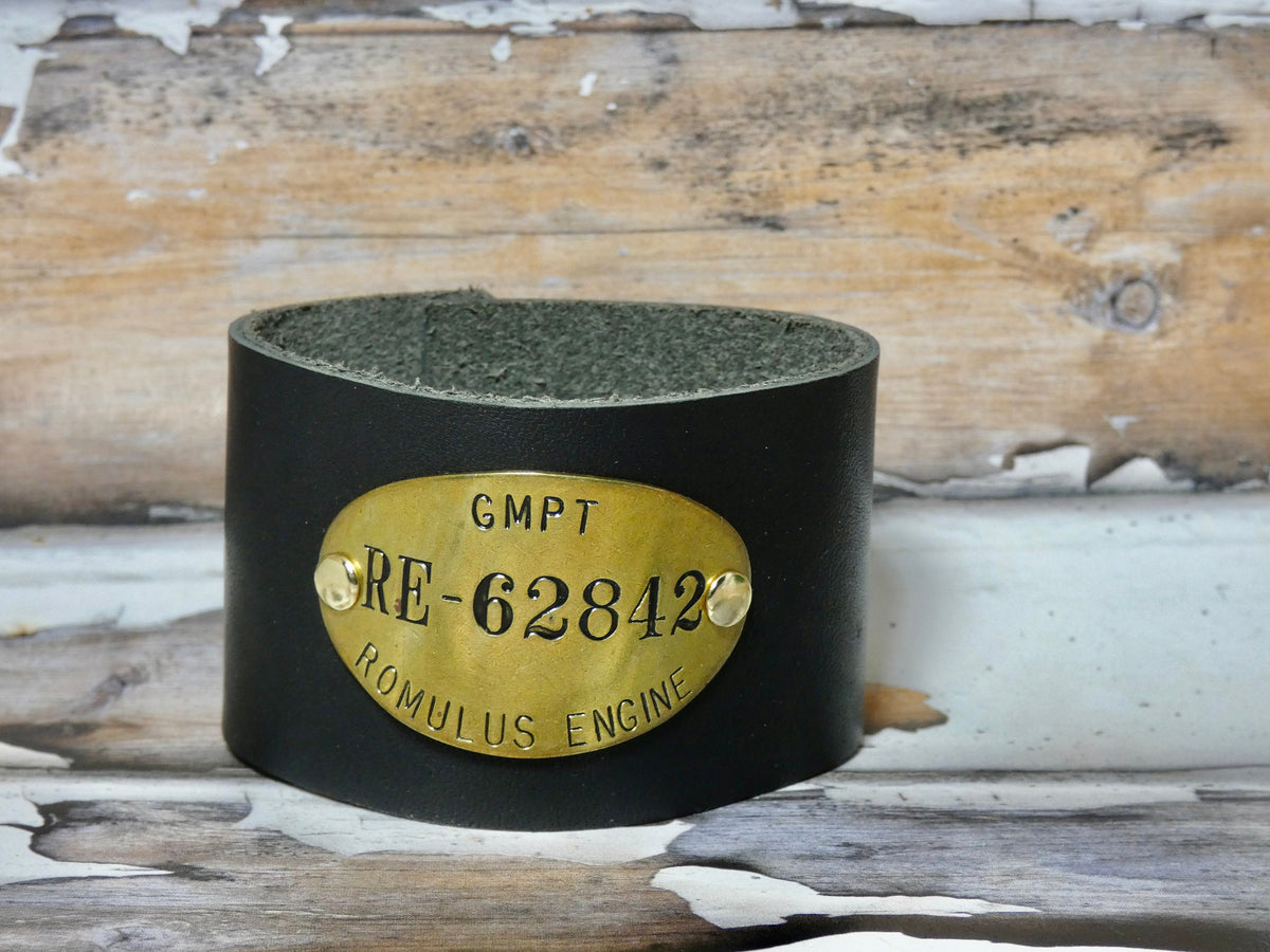 Leather Cuff Bracelet Vintage GM Brass Tag #62842, General Motors Tooled Leather Bracelet