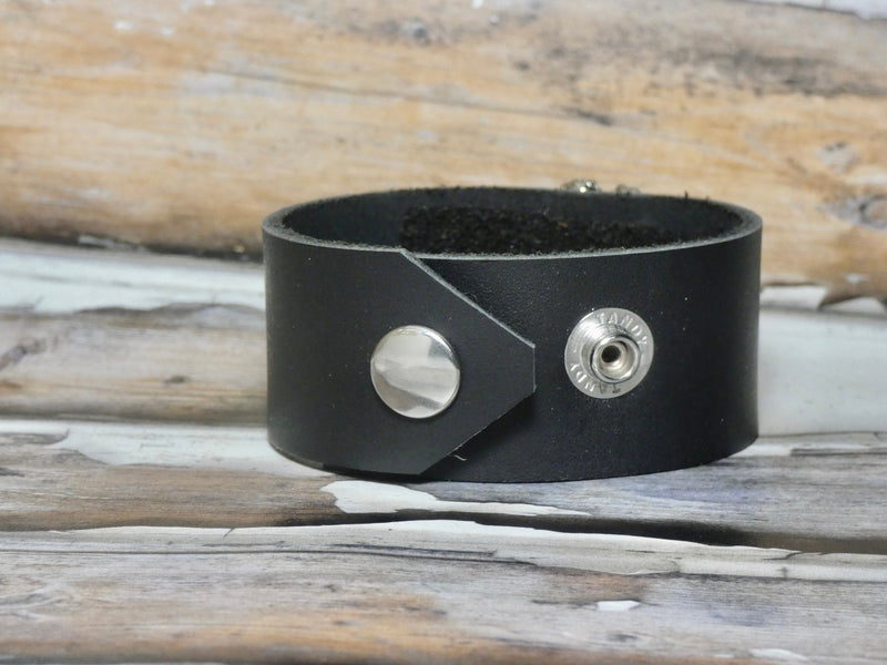 Leather Cuff Bracelet with a repurposed vintage rhinestone and pearl button, Smooth Leather Bracelet