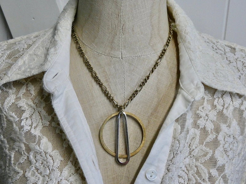 Circle and Teardrop Necklace, Chunky Brass Circle, Figaro Chain
