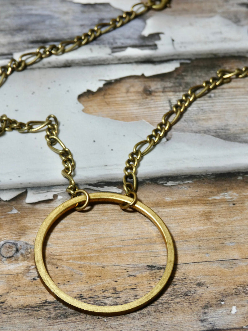 Brass Chunky Circle Necklace, Gold Circle, Figaro Chain