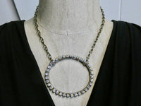 Vintage Rhinestone Oval Necklace, Brass Oval with prong set rhinestone detail