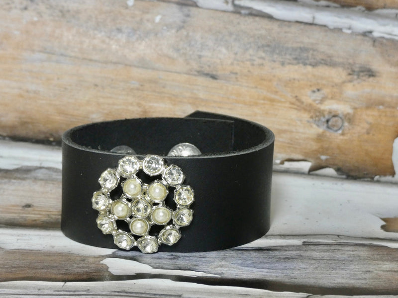 Leather Cuff Bracelet with a repurposed vintage rhinestone and pearl button, Smooth Leather Bracelet