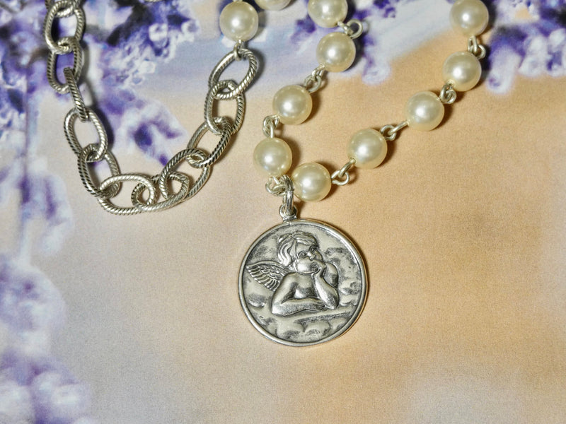Angel Necklace, Sterling Silver Cherub Charm with Pearl Rosary Bead Chain