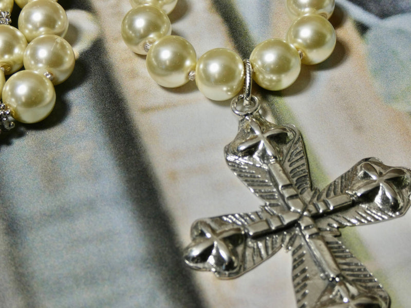 Cross Necklace with Vintage Pearl, Sterling Silver Chunky Cross