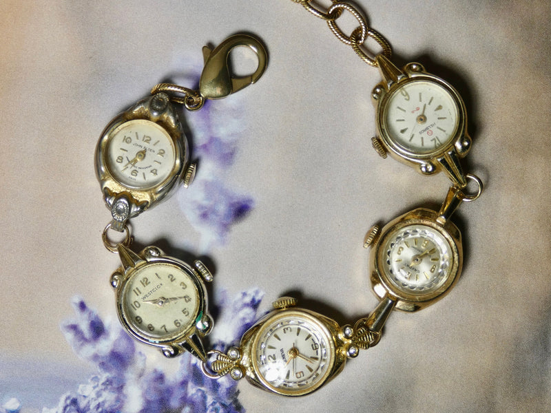 Vintage Watch Bracelet, One of a Kind Bracelet, All Gold Faces Bracelet- AB