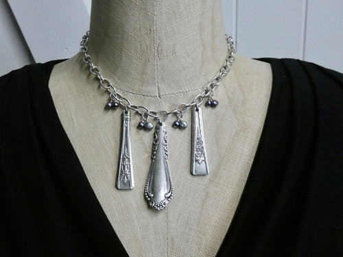 Silverware Necklace, One of a Kind Stunning Pieces of Silverware, Gray Pearls