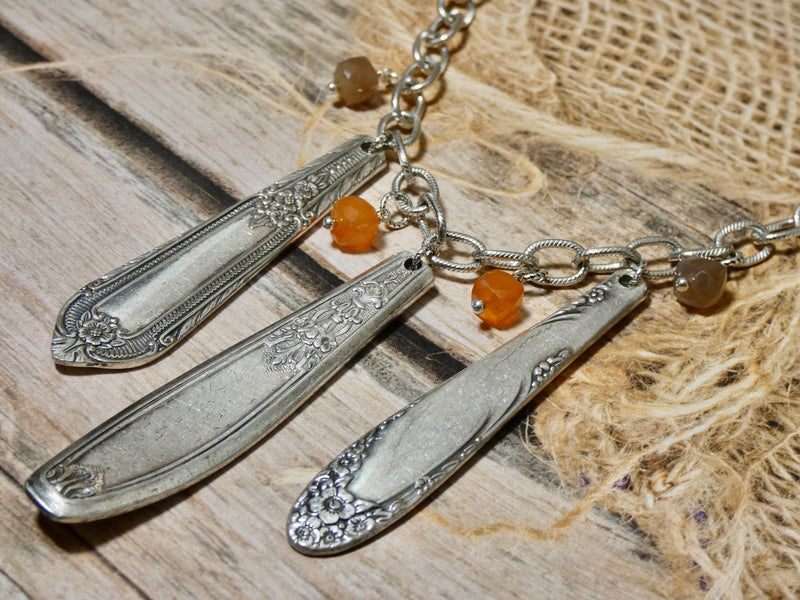 Silverware Necklace, One of a Kind Stunning Pieces of Silverware, Carnelian Beads