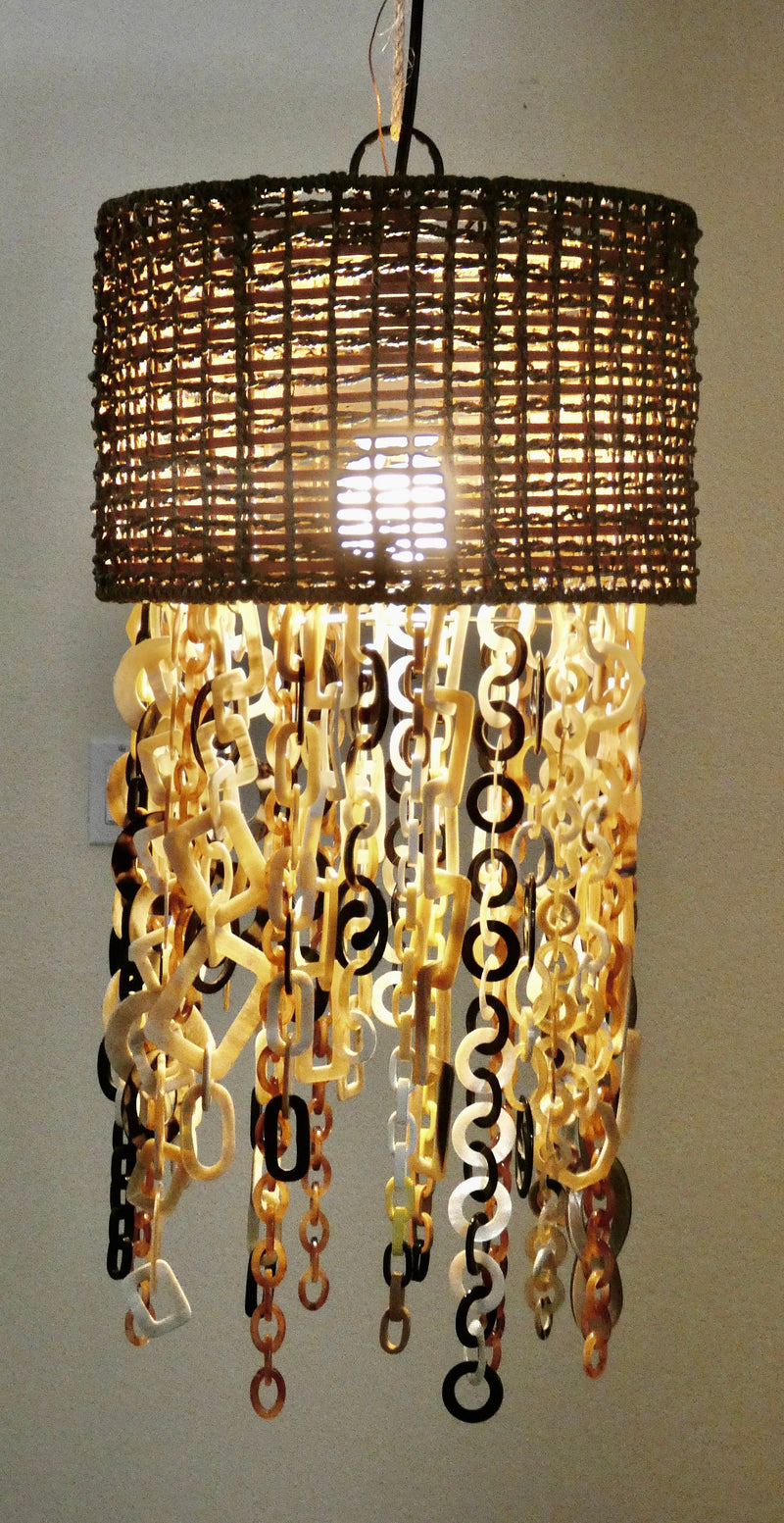 Rattan Boho Style Pendant Lamp, One of a Kind Hanging Light, Bohemian Style with Lucite Fringe accent