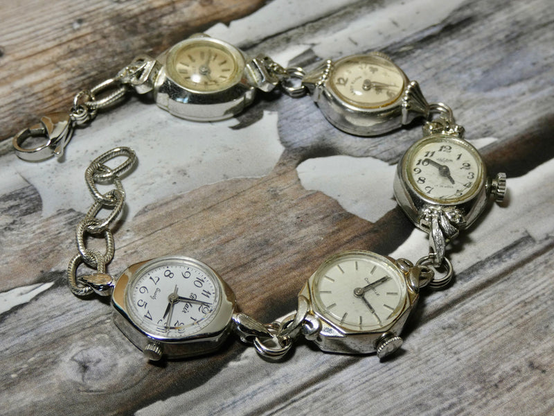 Vintage Watch Bracelet, One of a Kind Bracelet, All Silver Faces Bracelet- PB