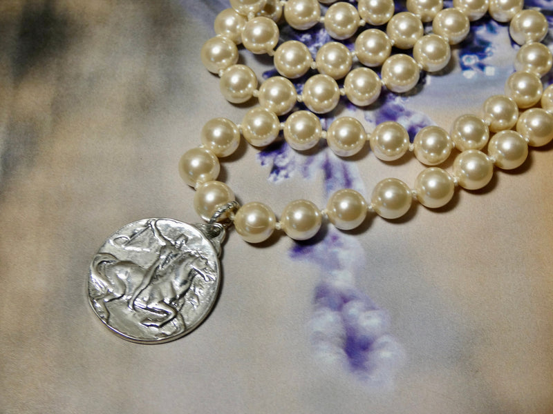 Vintage Pearl Necklace with Sterling Silver Charm, Horse Charm Pendant