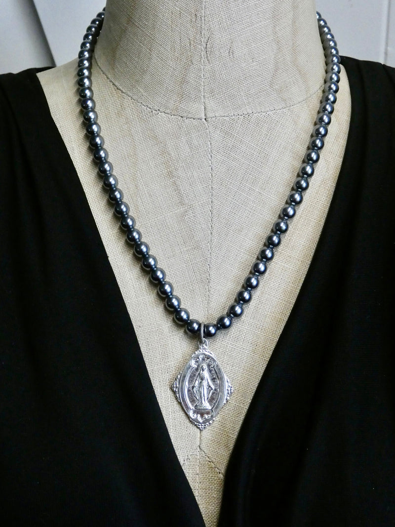 Miraculous Medal and Vintage Gray Pearl Necklace