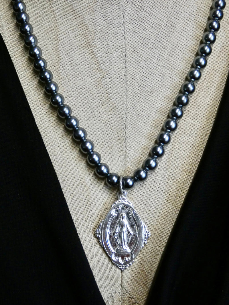 Miraculous Medal and Vintage Gray Pearl Necklace