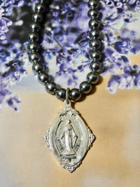 Miraculous Medal and Vintage Gray Pearl Necklace