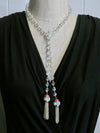 Lariat Crystal Beads and Gold Tassel Necklace, Burgundy Enamel and Crystal Tassel