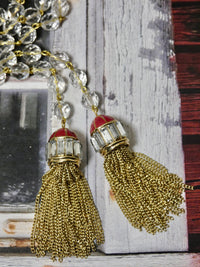 Lariat Crystal Beads and Gold Tassel Necklace, Burgundy Enamel and Crystal Tassel