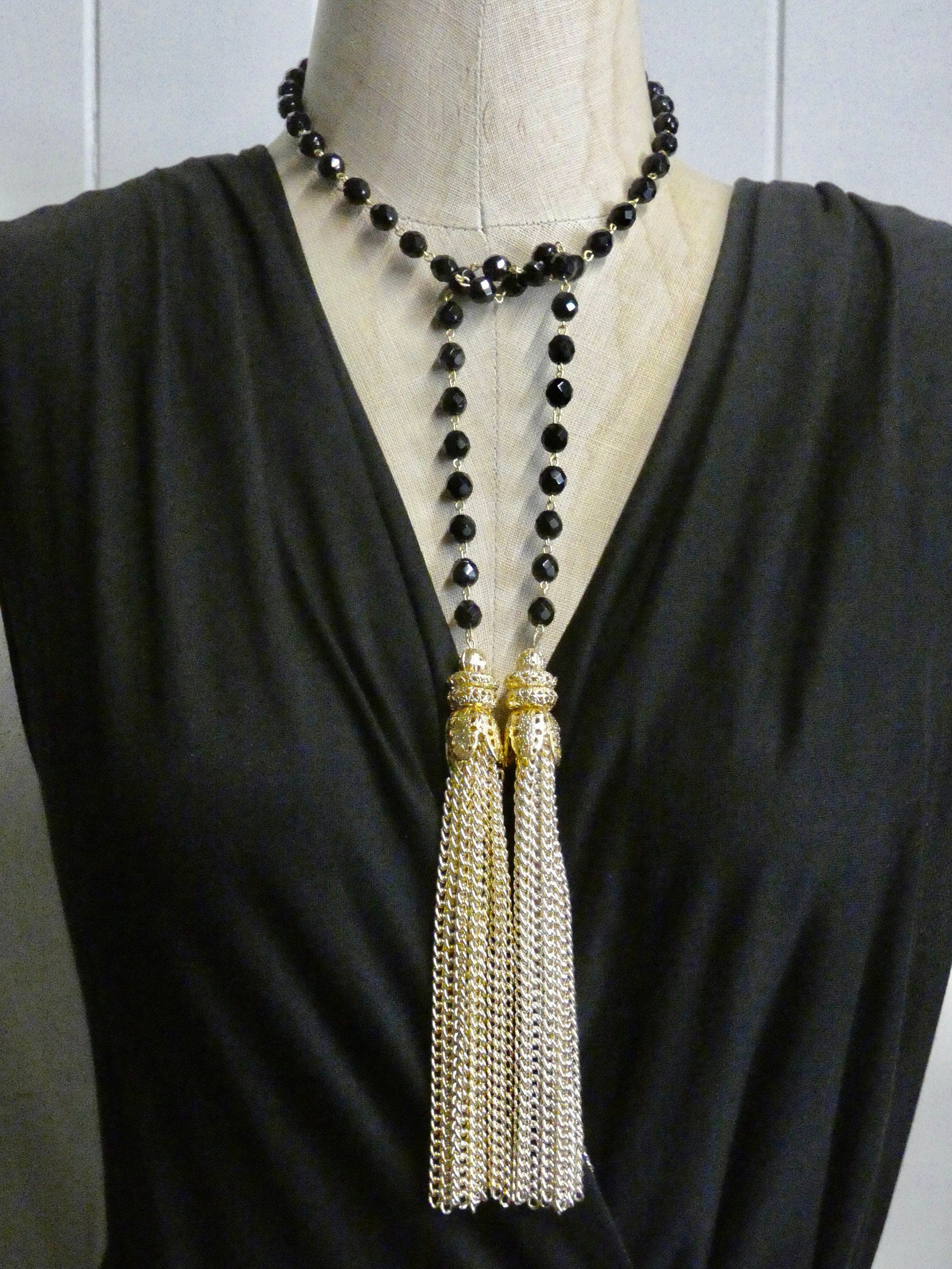Lariat Black and Gold Tassel Necklace, Vintage Gold Tassel Pendant
