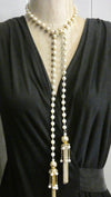 Lariat Pearl Rosary Bead Chain with Gold and Pearl Tassel Necklace