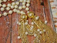 Lariat Pearl Rosary Bead Chain with Gold and Pearl Tassel Necklace