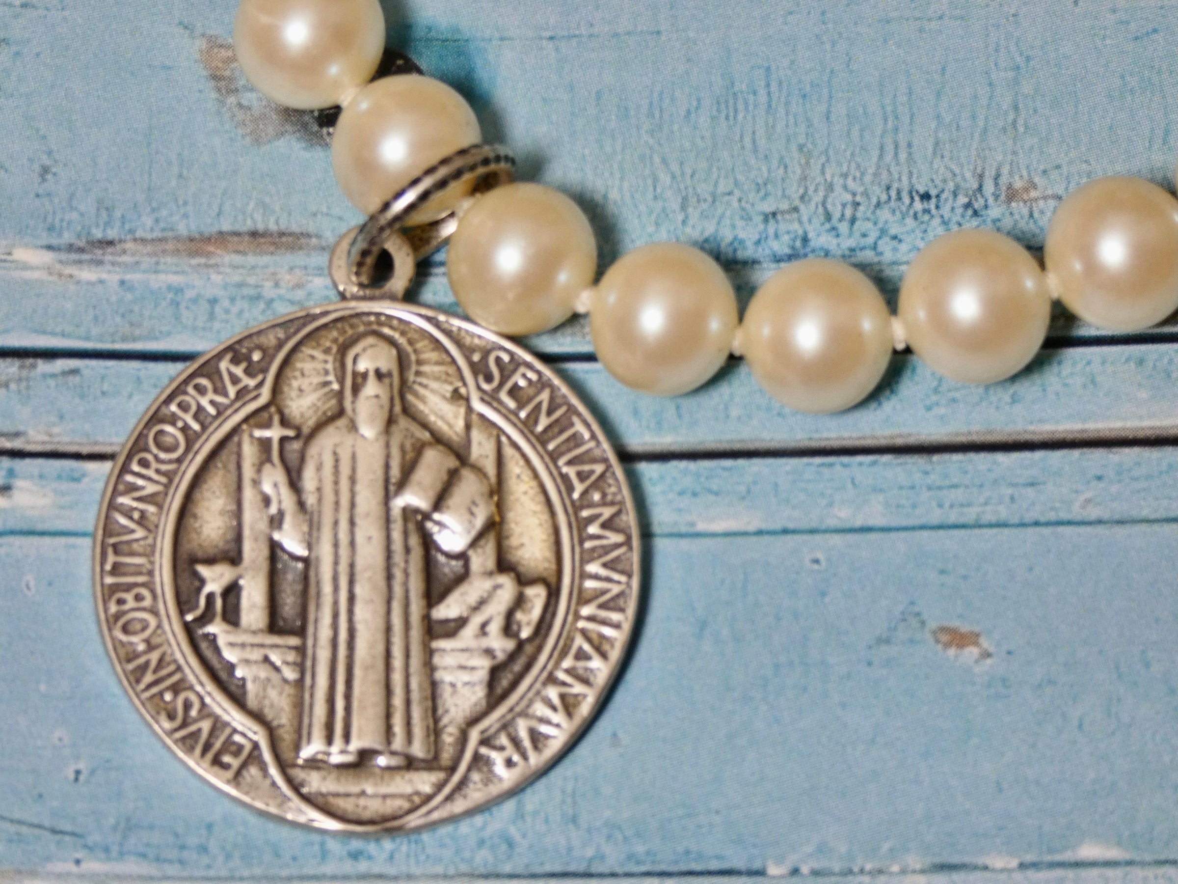 St. Benedict Sterling Charm Necklace, Vintage Pearl Pendant