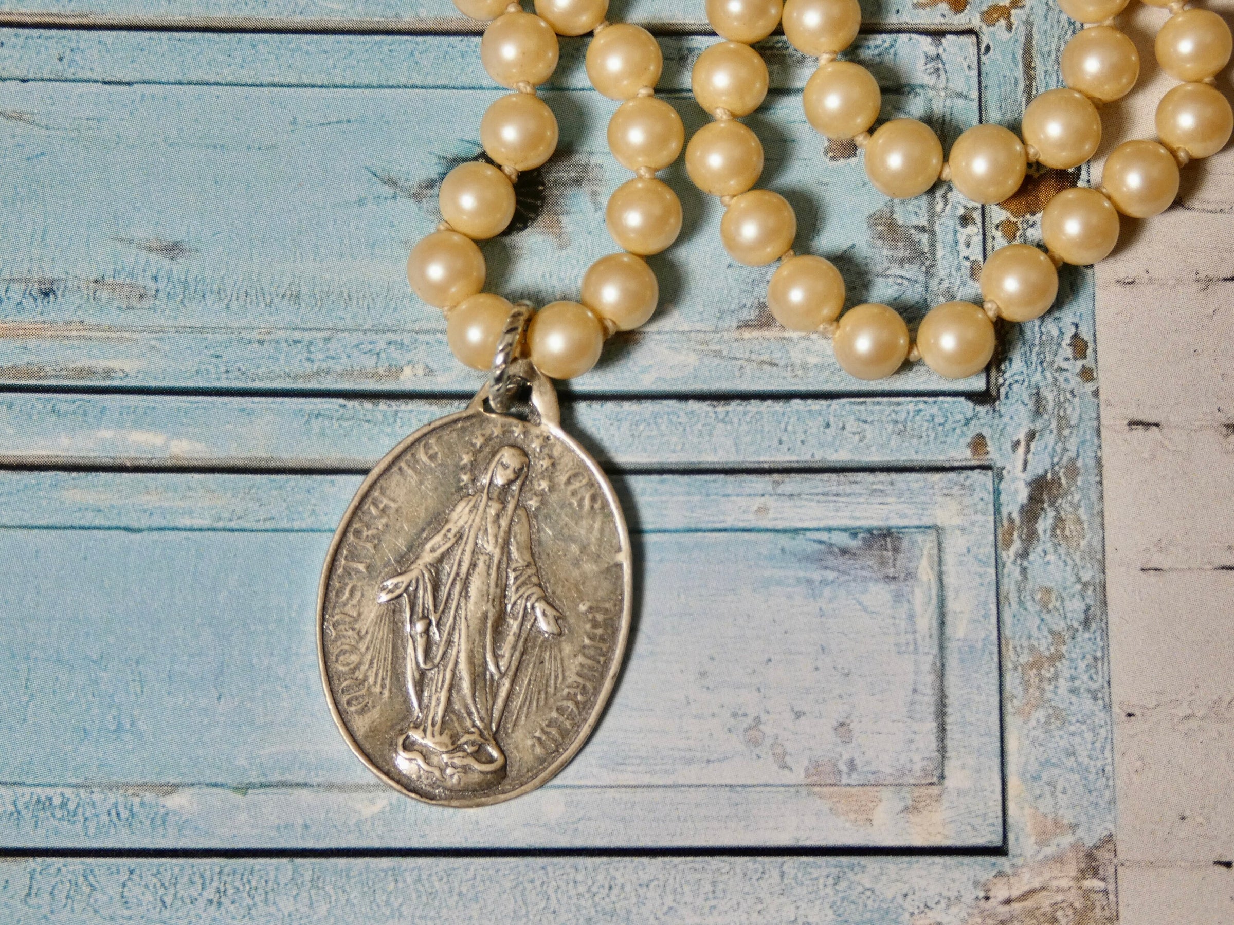 Miraculous Medal Sterling Charm Necklace, Vintage Pearl Pendant