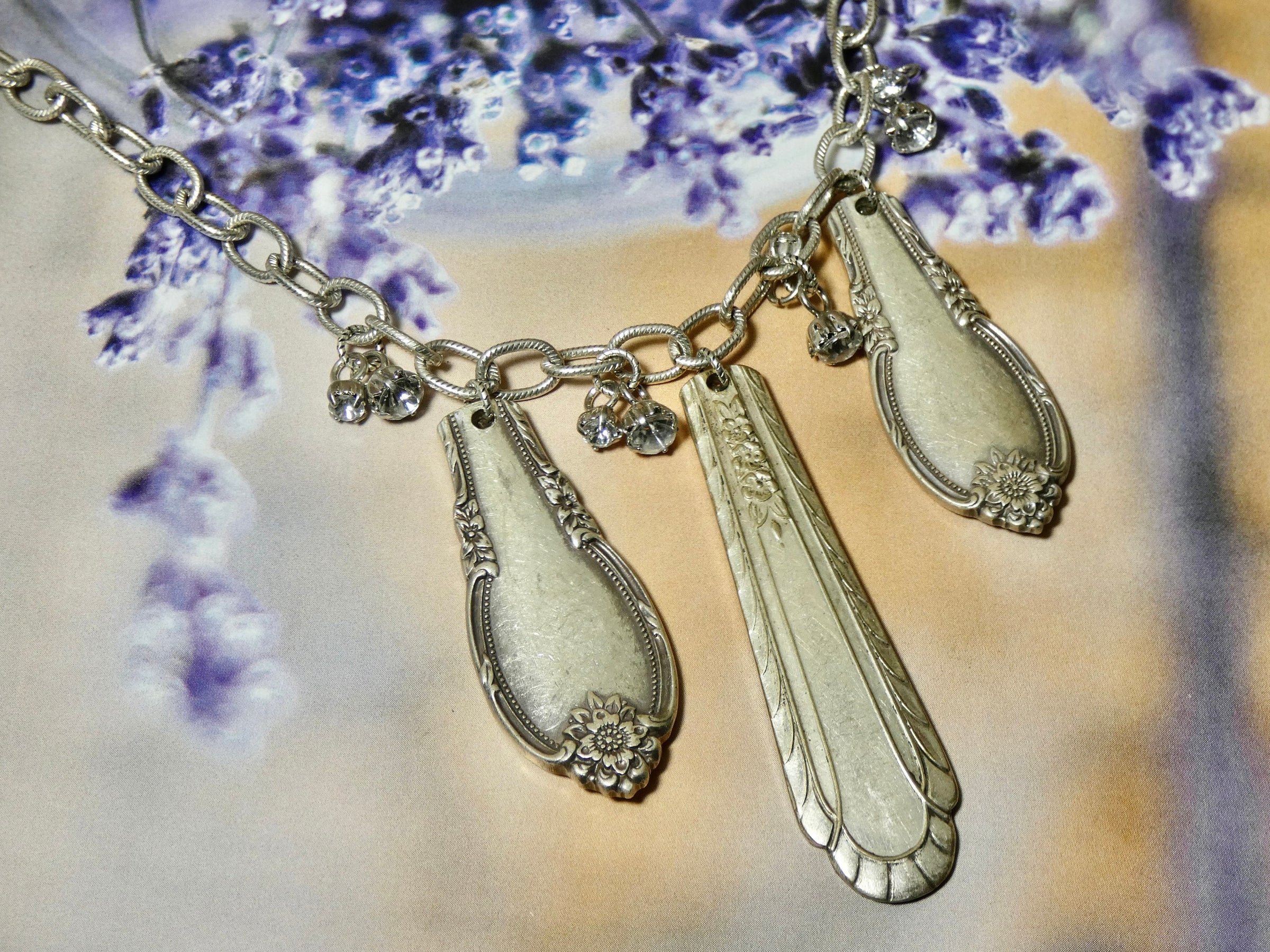 Silverware Necklace, One of a Kind Stunning Pieces of Silverware, Crystal Beads