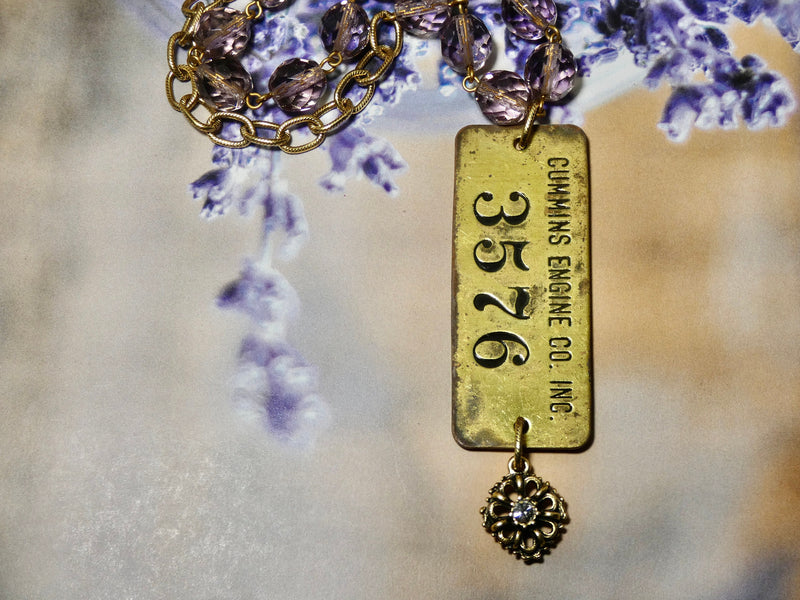 Vintage Tag Necklace, Cummins Engine Tag #3576 Necklace, Long Pendant