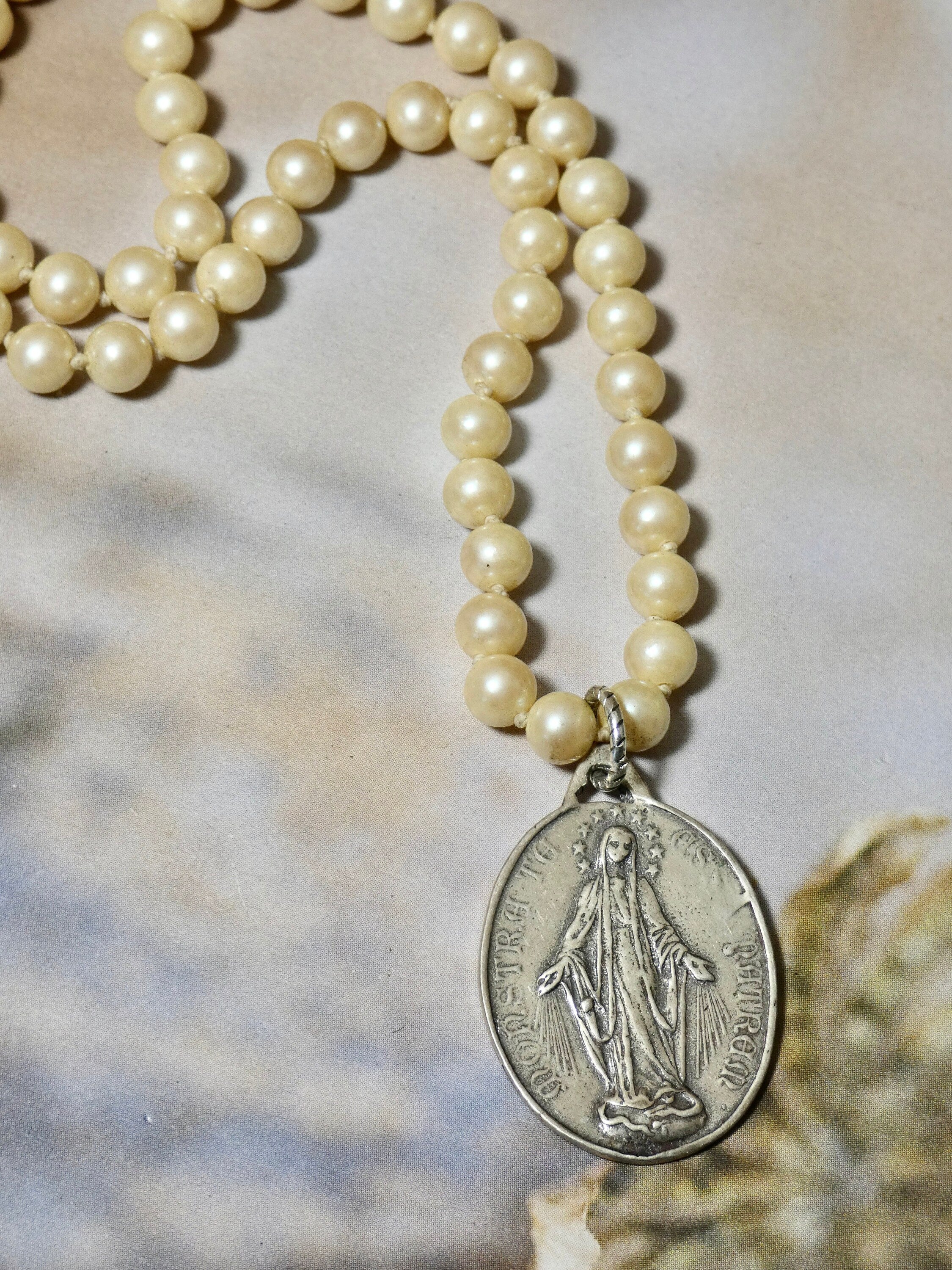 Miraculous Medal Sterling Charm Necklace, Vintage Pearl Pendant