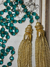 Lariat Tassel Necklace, Vintage Gold Tassel Pendant with green rosary bead chain