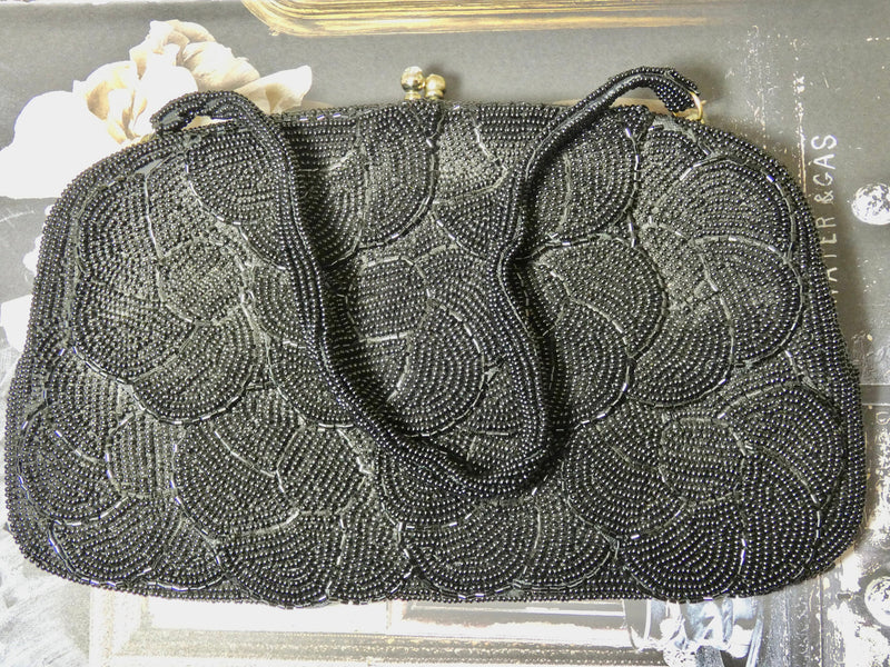 Vintage Handbag black beaded clutch evening bag