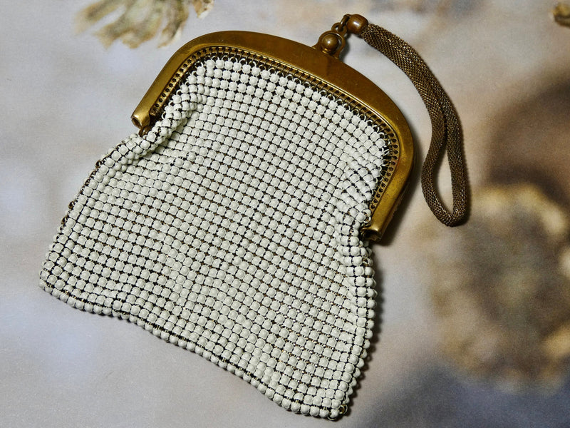 Vintage Handbag ivory beaded chainmaille wristlet