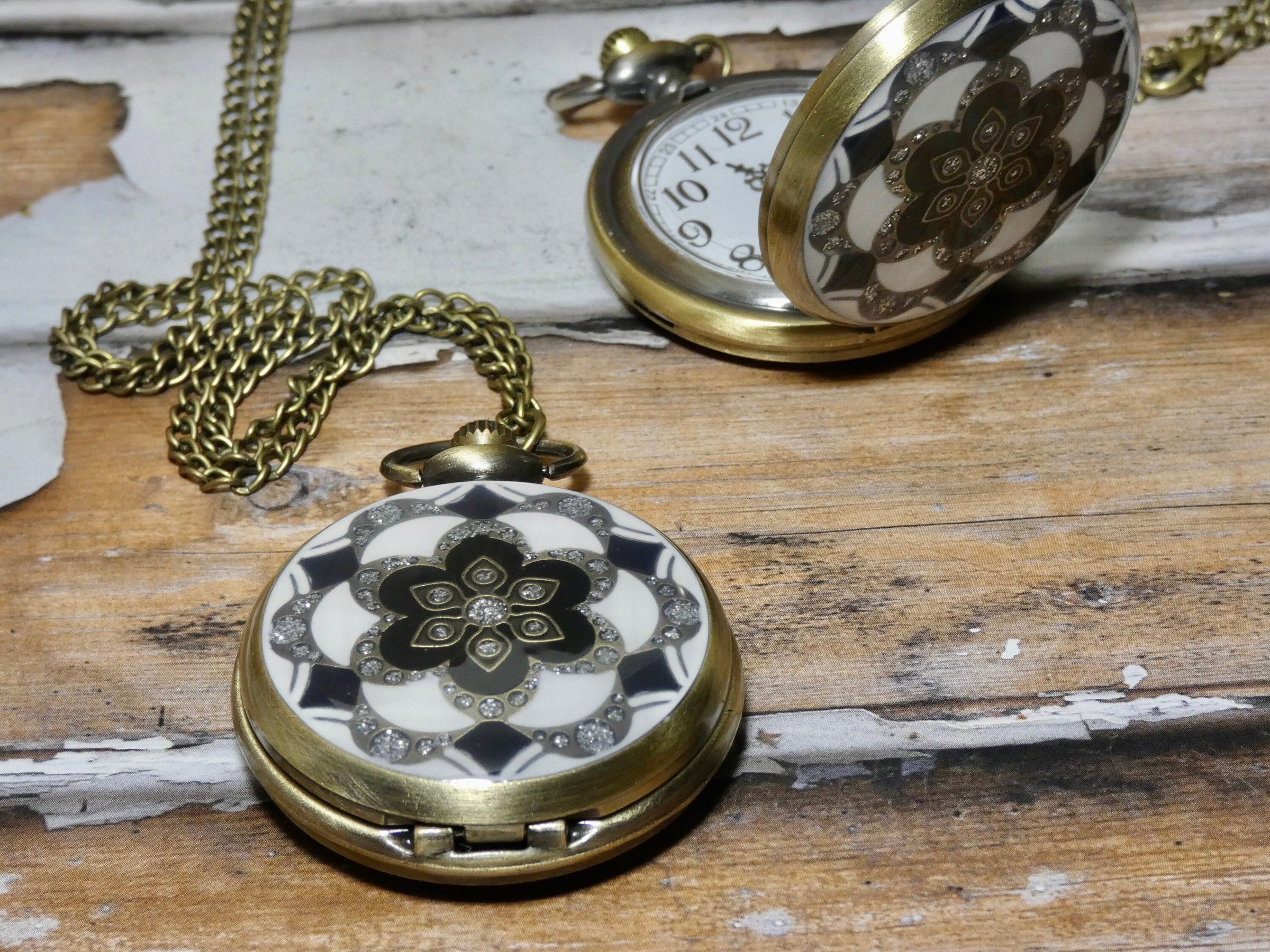 Pocket Watch Necklace Black and White Design