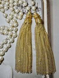Lariat Pearl and Tassel Necklace, Vintage Gold Tassel Pendant with pearl rosary bead chain