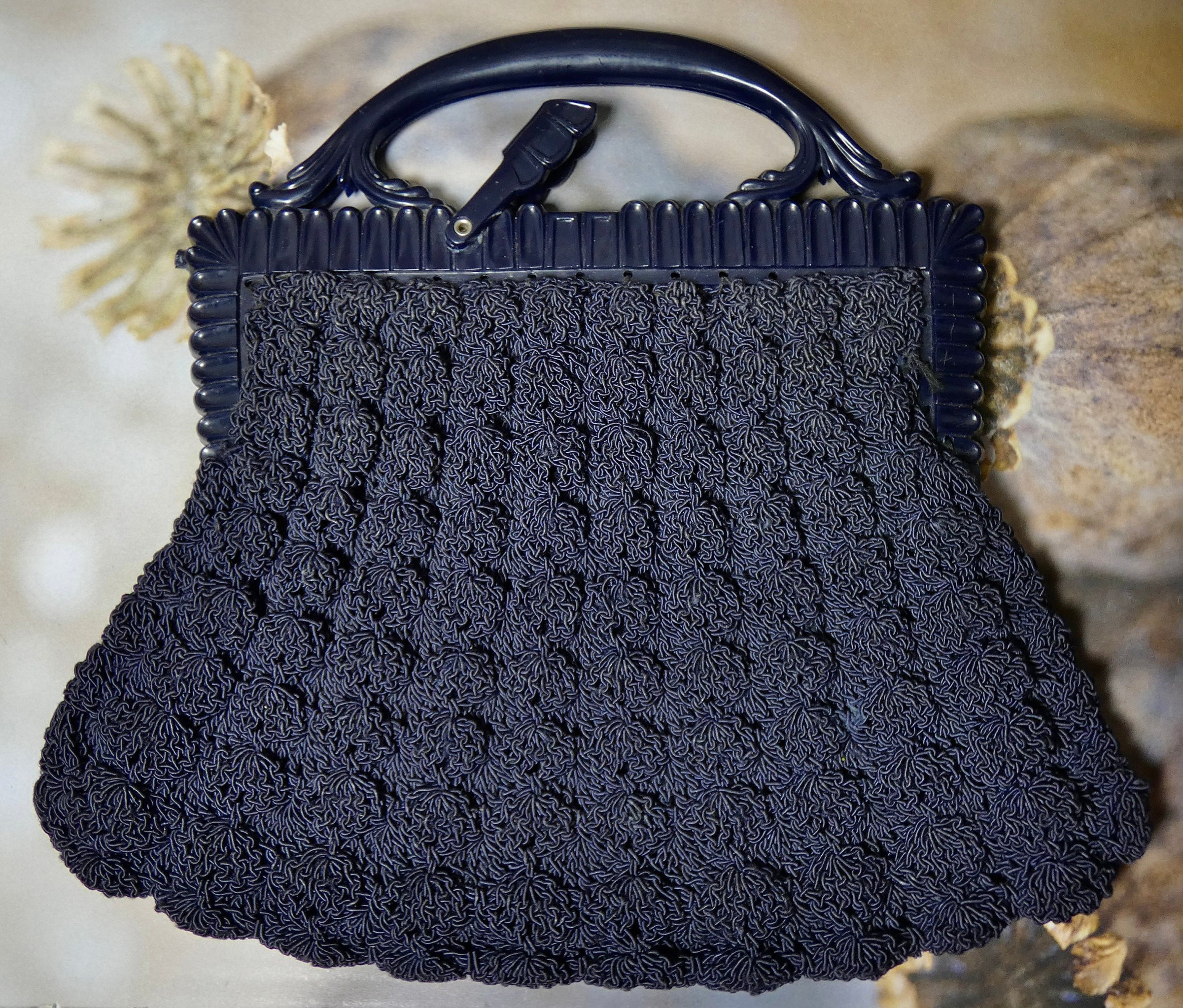 Vintage Handbag navy crochet clutch evening bag