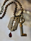 Vintage Skeleton Key and Keyhole Necklace with keshi freshwater pearls