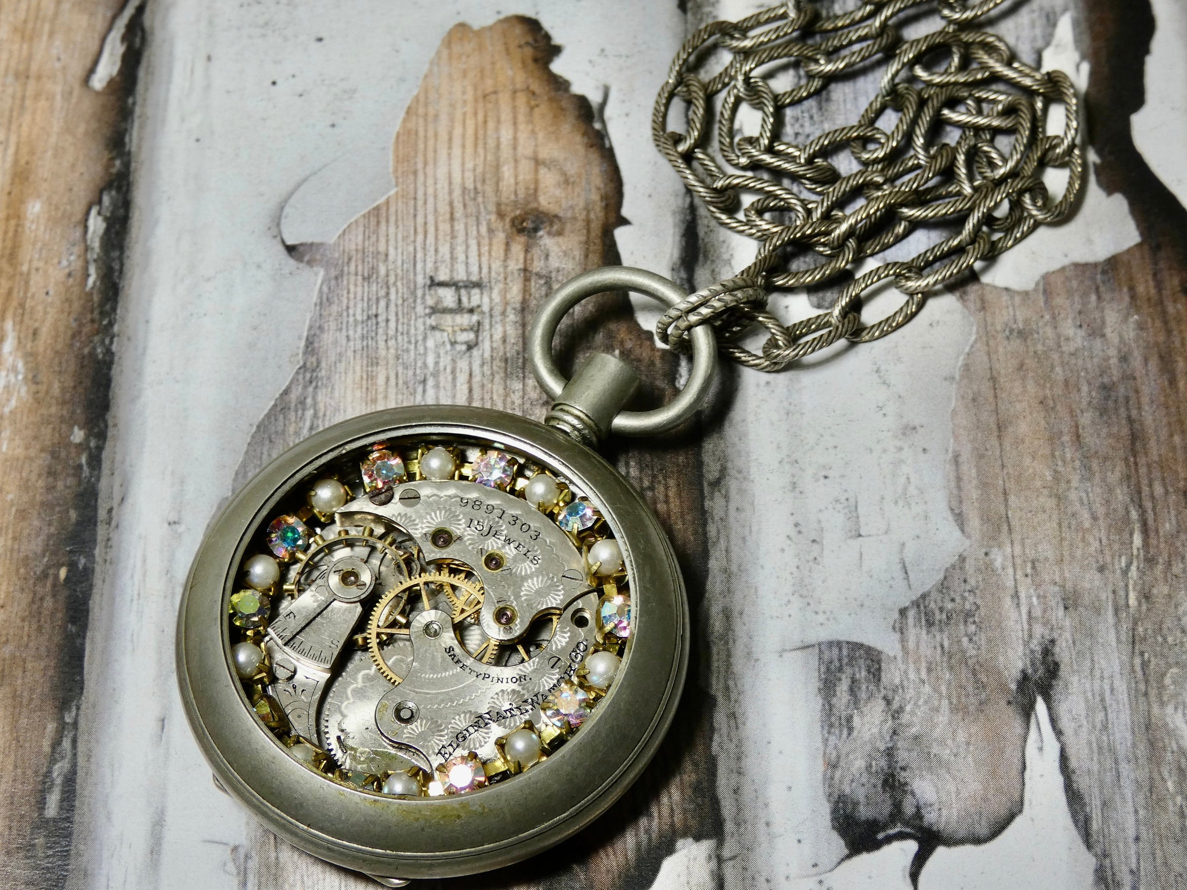 Steampunk altered pocket watch gear necklace