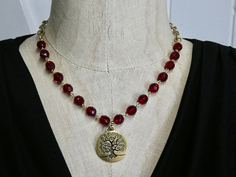 Tree of Life Necklace, red rosary bead chain
