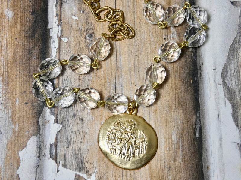 Gold medallion Necklace, crystal rosary bead chain
