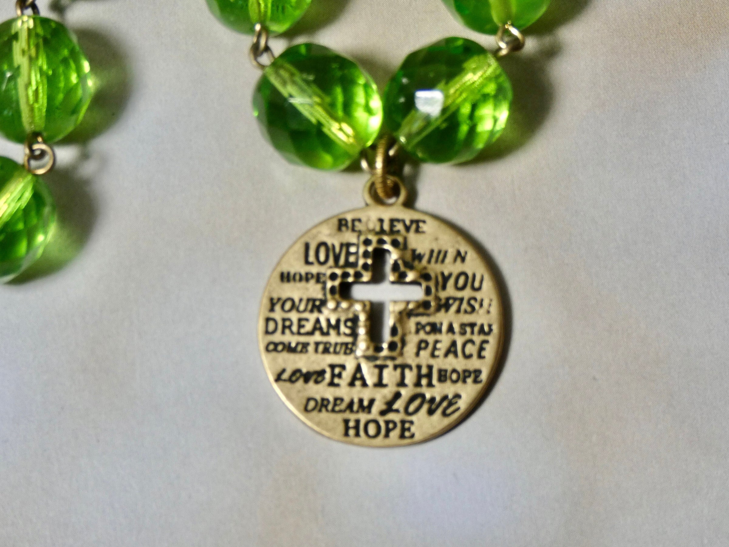 Cross Necklace with green rosary bead chain