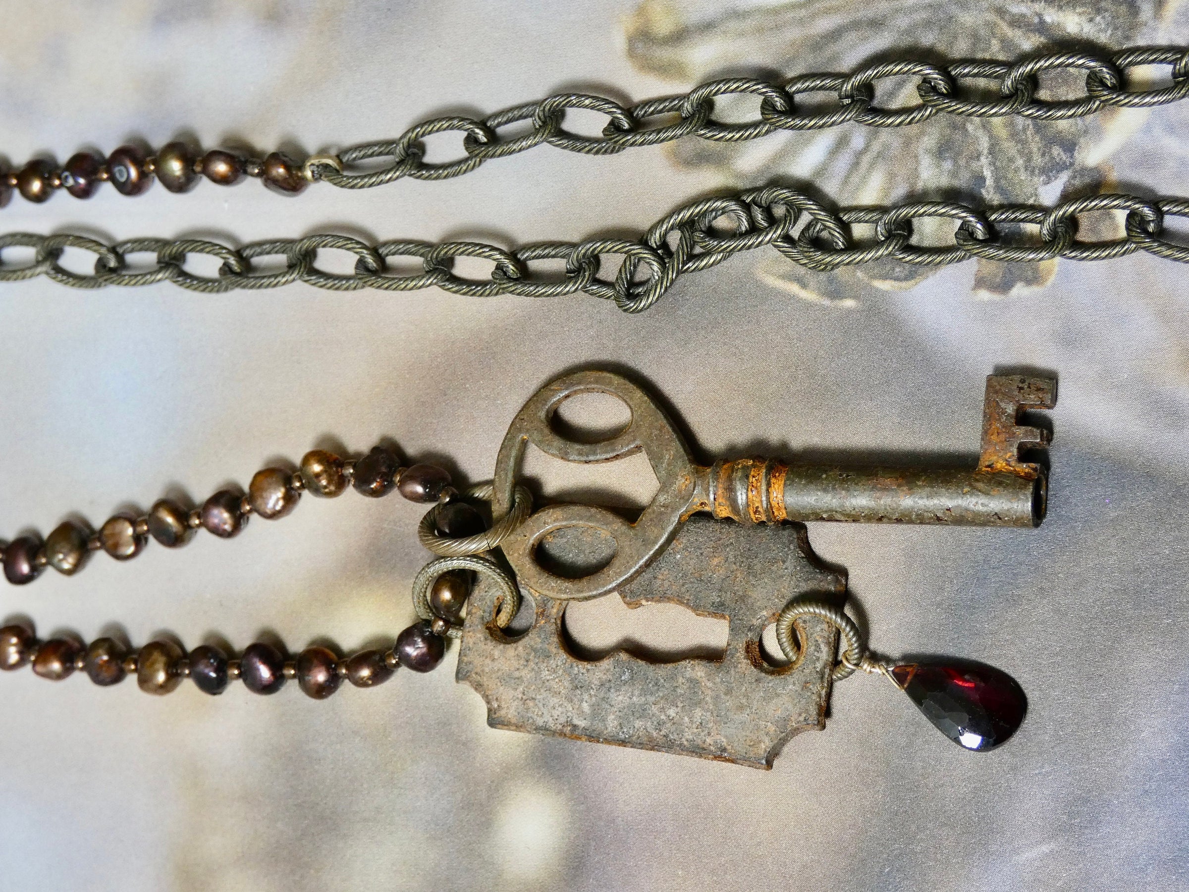 Vintage Skeleton Key and Keyhole Necklace with keshi freshwater pearls
